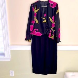 JOHN ROBERTS Vintage Black Floral Wrap Midi Dress NWOT